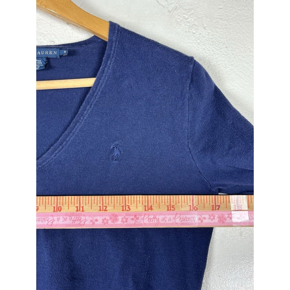 Ralph Lauren Womens Medium Navy Blue V-Neck Sweater Pima Cotton Pony Logo - Picture 6 of 9